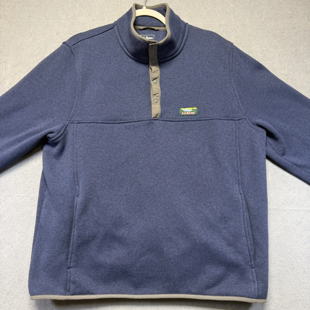 LL‎ Bean Mens XL Sweater Fleece Pullover Blue Snap Mock Neck 298050 Regular Fit